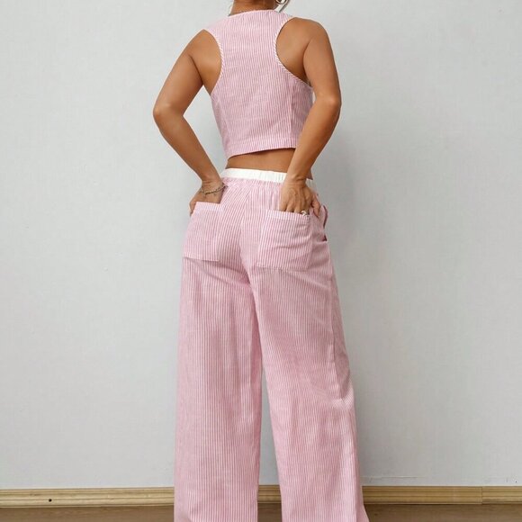 Multicolor Casual Women's Striped Sleeveless V-Neck Top And Pocket Pants Set - Picture 3 of 6